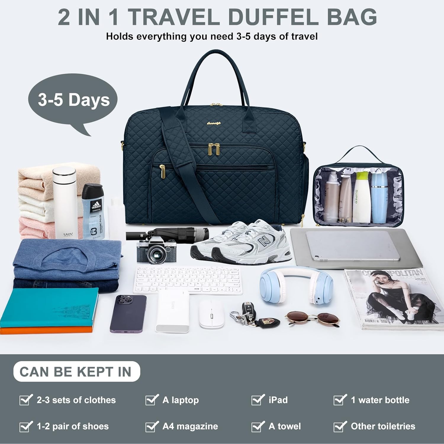 Travel Duffle Weekender Bags for Women - Weekend Bag Women with Shoe Compartment Carry On Overnight Bag with Toiletry Bag Duffel Bags Wet Pocket for Gym Hospital Bags for Labor and Delivery - Image 5