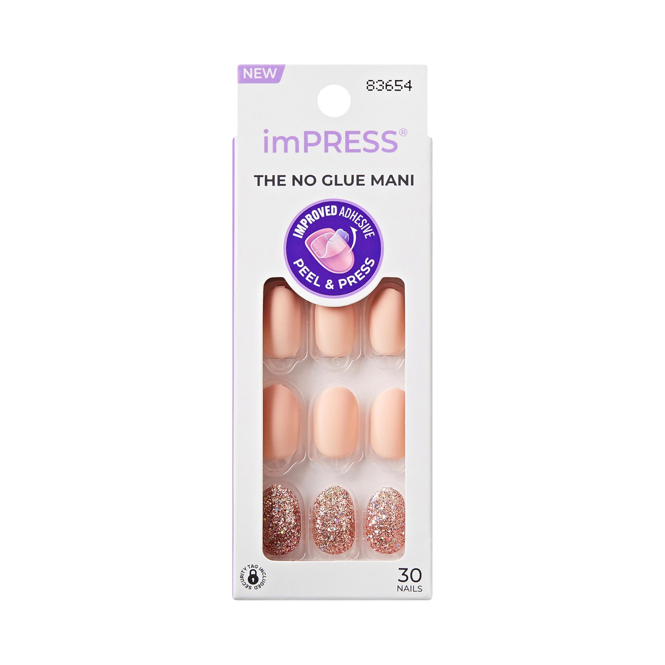 KISS imPRESS Press-On Manicure, Nail Kit, PureFit Technology, Short Press-On Nails, Evanesce, Includes Prep Pad, Mini File, Cuticle Stick, and 30 Fake Nails