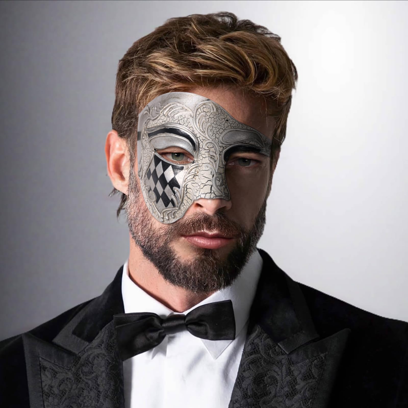 Oidea Masquerade Mask for Men: Vintage One Eyed Half Face Masks Phantom Of The Opera Mask for Halloween Mardi Gras Carnival Venetian Costume Prom Party White - Image 2