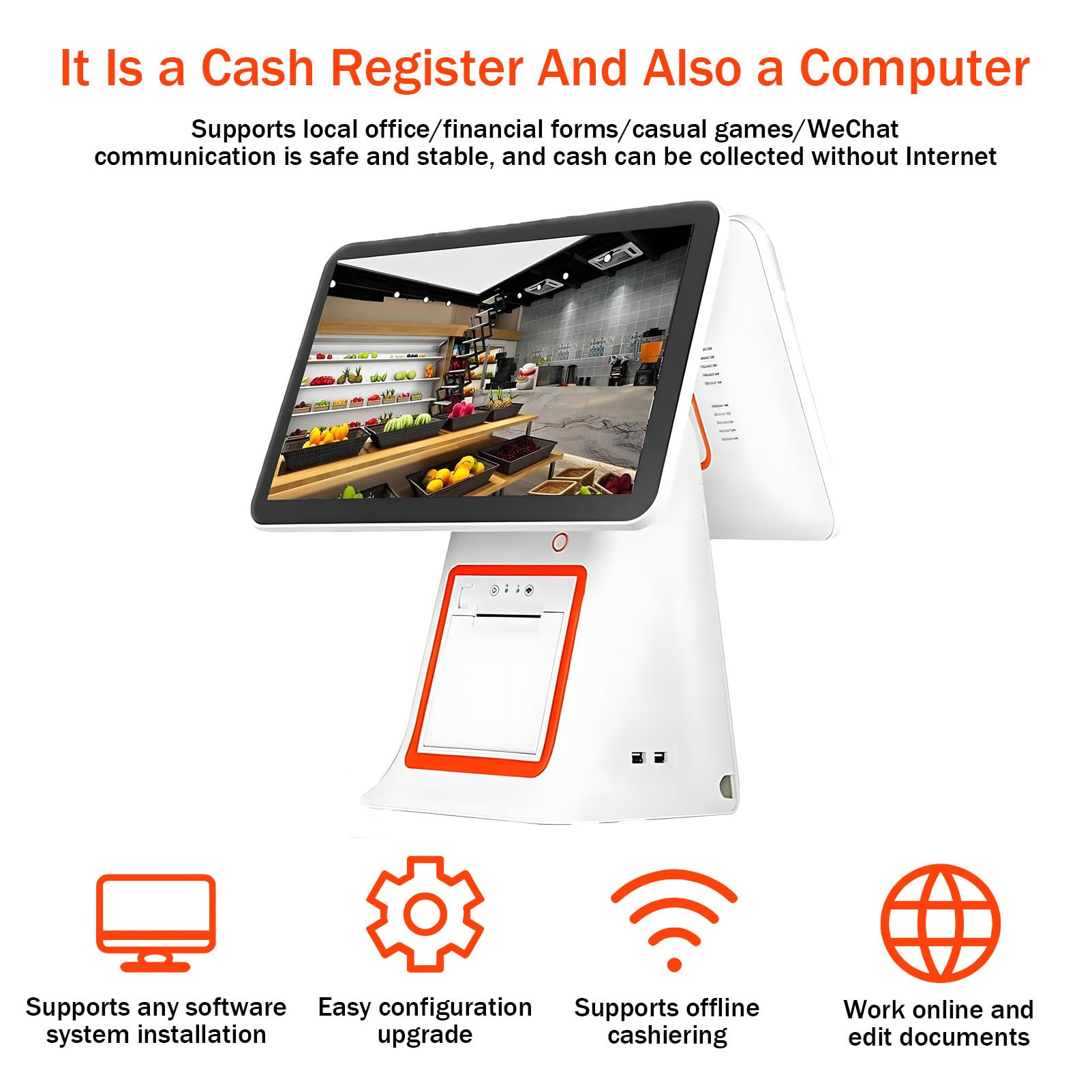 Sistema- TPV Profesional Todo en uno para pequeñas Empresas, Caja registradora con Pantalla táctil de 15,6" e Impresora de Recibos integrada, Pantalla para Clientes. White