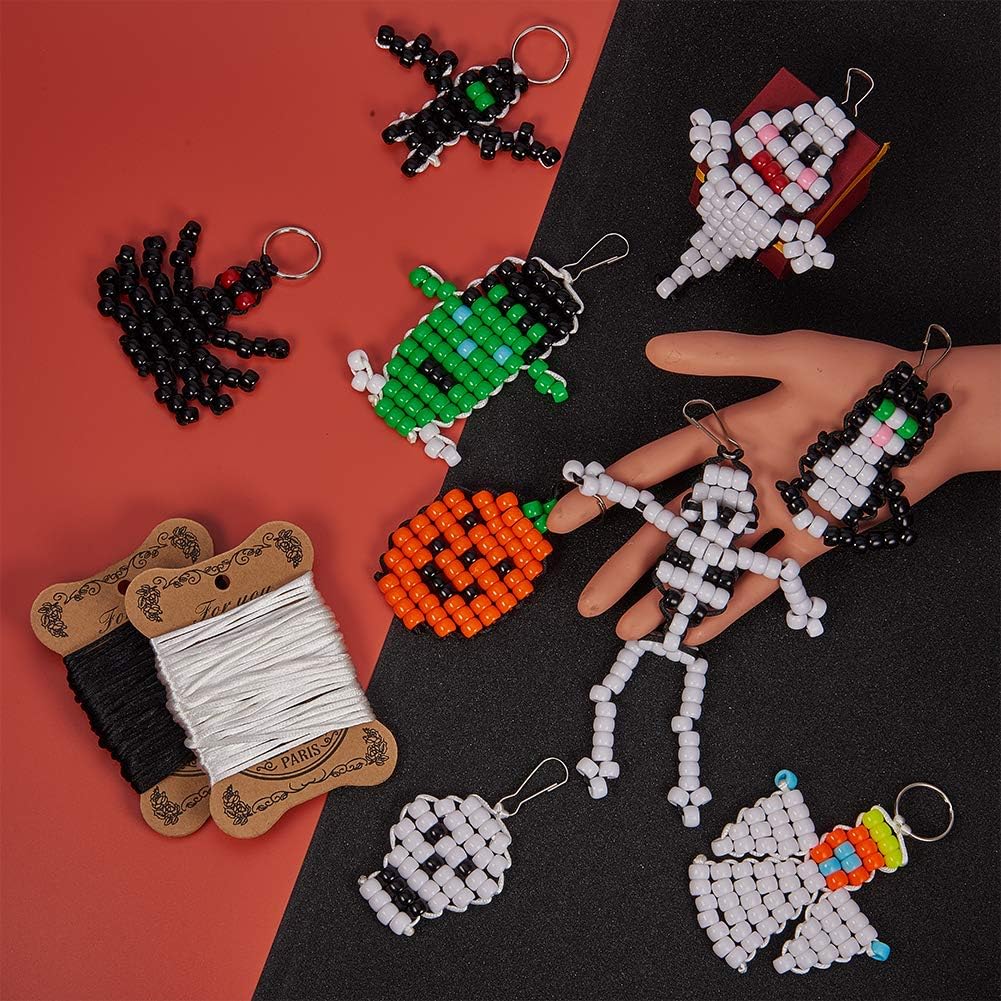 SUNNYCLUE 1 Box DIY Make 9PCS Halloween Theme Bead Pets Kit 8mm Pony Beads Assortment Box Set with Keychain, Keyring & Lanyard Clips, Instruction