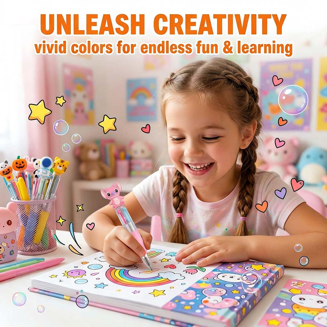 Penne Multicolore 4 Colori 15 Pezzi con Animali Kawaii Gadget Compleanno Bambini