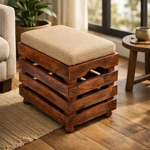 Whittlle Wood Wooden Storage Stool with Cushion - Multi Functional Collapsible Magazine Book Storing Stool. (Medium, Burni...