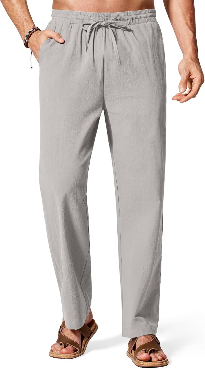 COOFANDY Men's Cotton Linen Pants Elastic Waist Drawstring Summer Beach Trousers Casual Yoga Pant