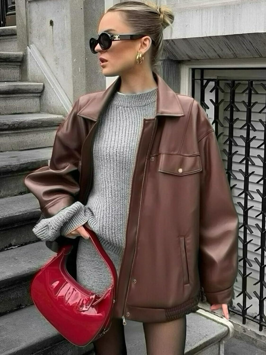 hathne Women's PU Leather Jacket Oversized Vintage Long Sleeve Motorcycle Faux Leather Blazer Jackets - Image 5