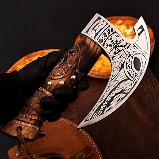 Viking Pizza Cutter Axe Carbon Steel Slicer Manager Handcrafted Viking Axe with Leather Cover - Premium Pizza Oven Accessories Ukulu Rocking Pizza Gifts for Men (Engraved Ashwood Handle)