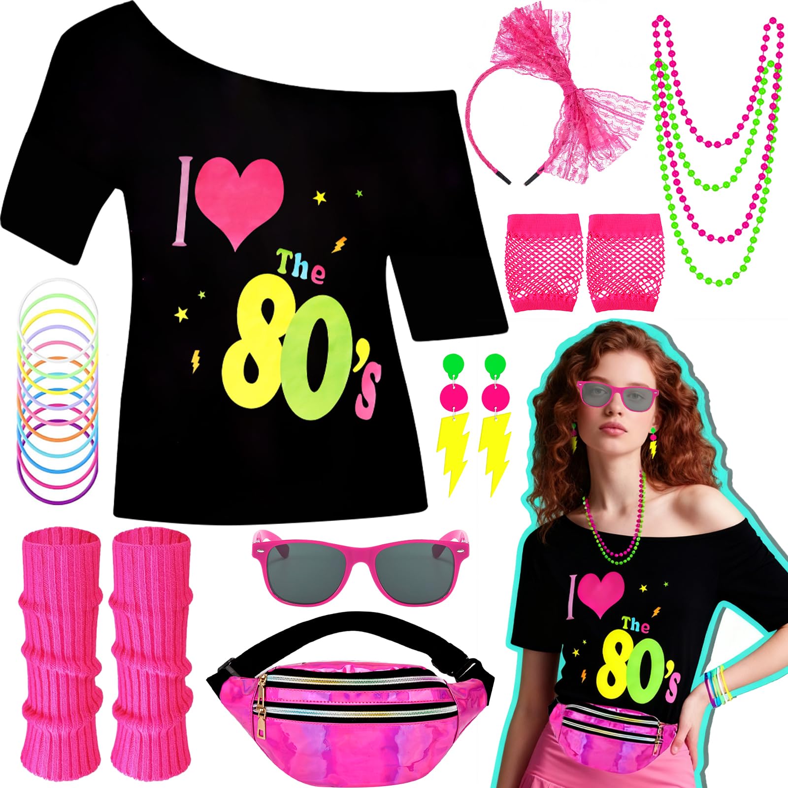 Wynlora 9Pcs 80s Fancy Dress Set for Women, 1980s Outfits Accessory Kit with T-Shirt Headband Earrings Necklace Bracelet Leg Warmers Fishnet Gloves Bag Glasses for Adult Theme Party Cosplay
