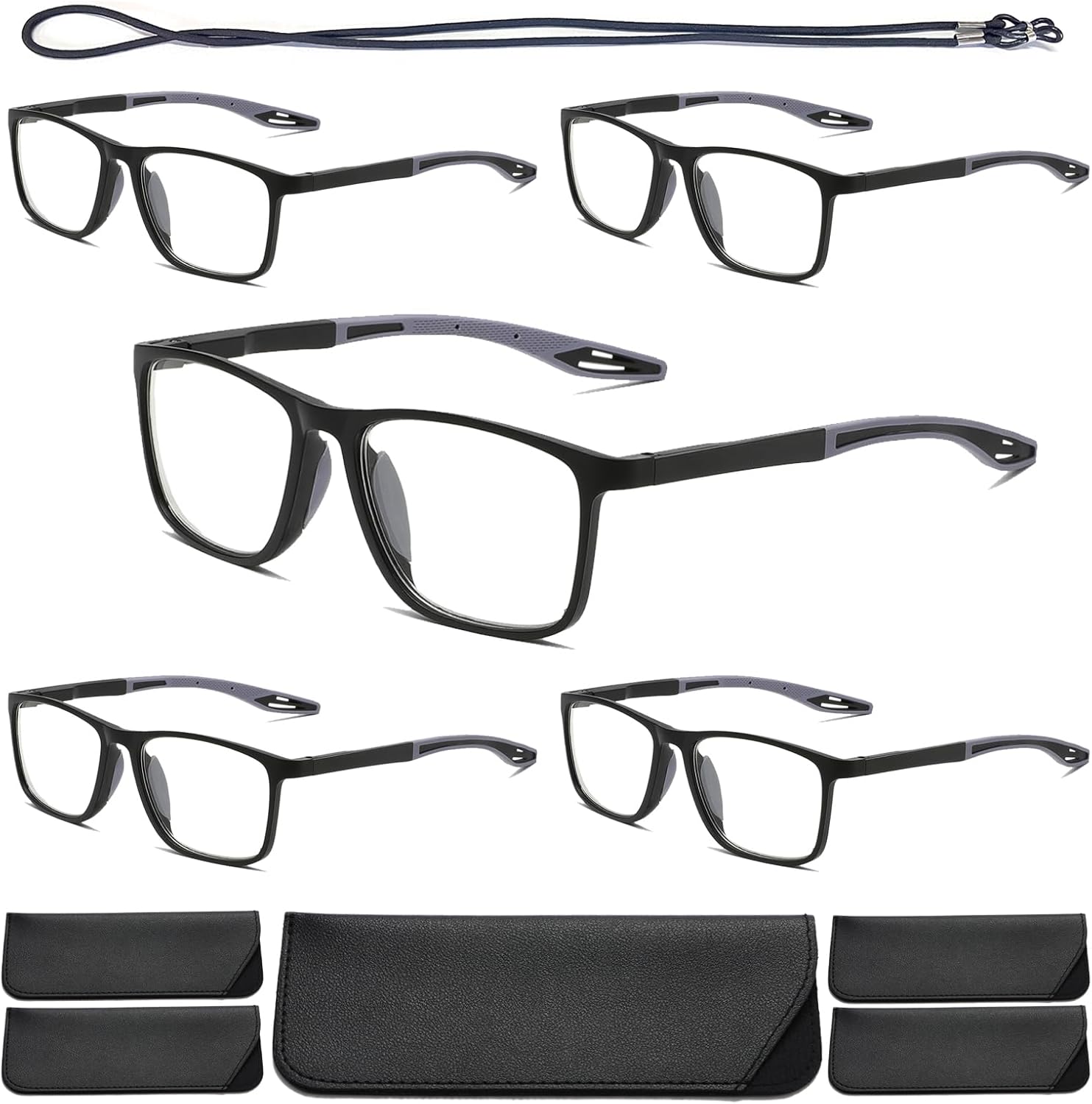 Hubeye TR90 Sports Reading Glasses for Men and Women Ultralight Flexible Anti-Blue Light Readers(Black+Black+Black+Black+Black,+0.0)