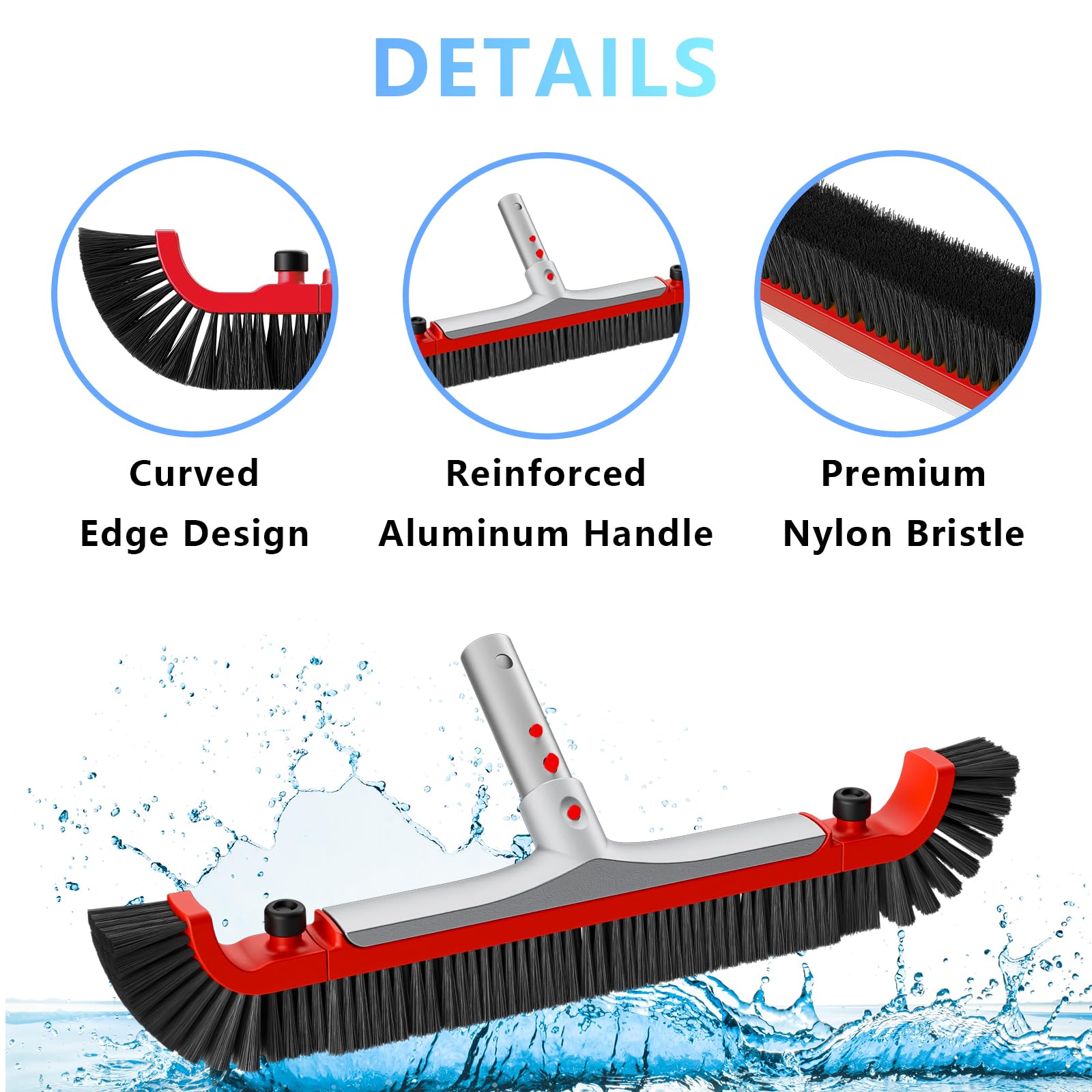 Sepetrel Cabezal de cepillo de piscina de 22 pulgadas de ancho para limpiar paredes de piscina, cepillos de aluminio resistentes con extremos curvados y cerdas fuertes de alta calidad, color rojo