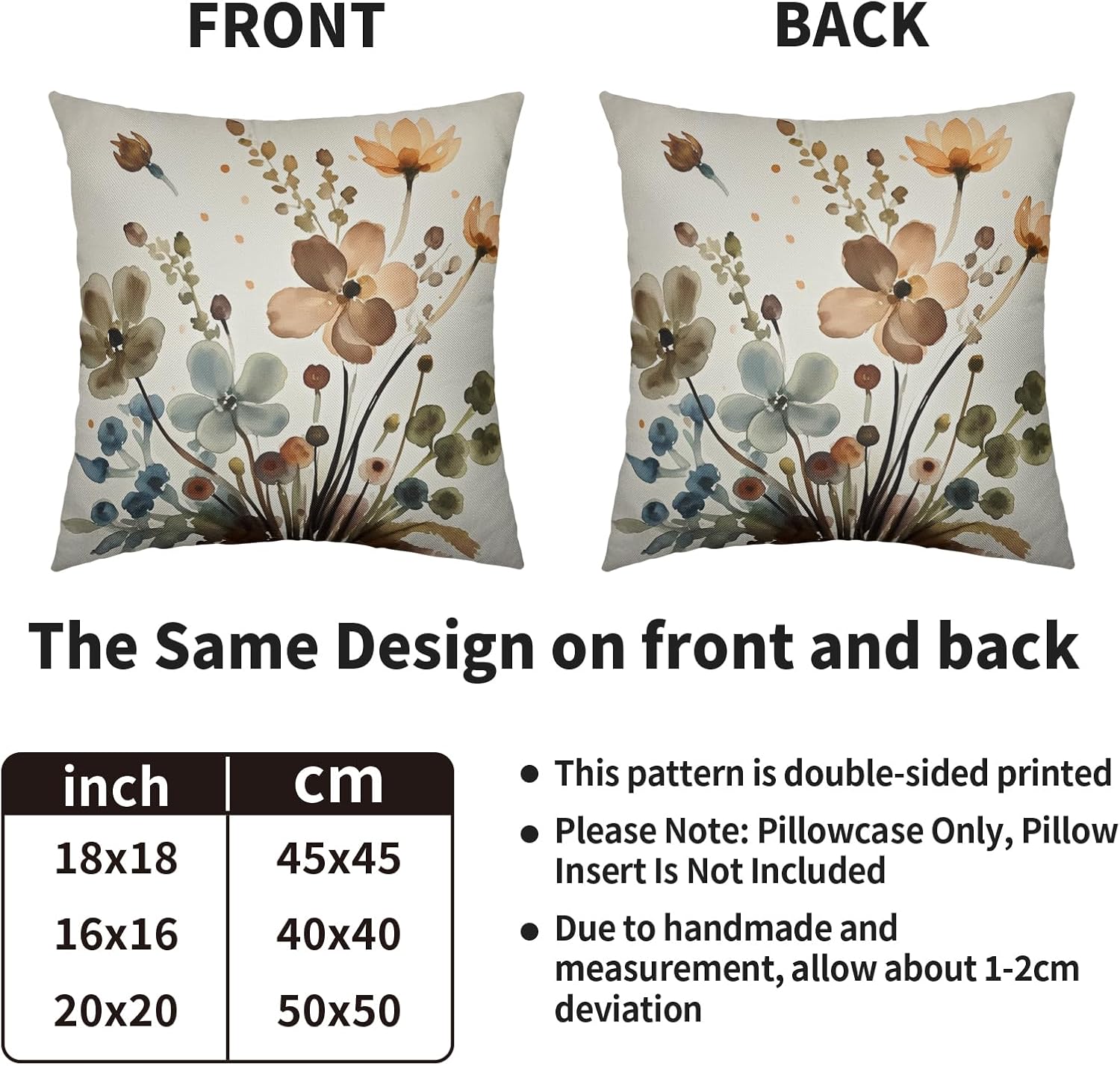 Floral Pillow Covers 24X24 Set of 2, Brown Watercolor Flower Print Pattern Decorative Throw Pillow Covers Outdoor Farmhouse Modern Art Cushion Cases Couch Sofa Bed Decor