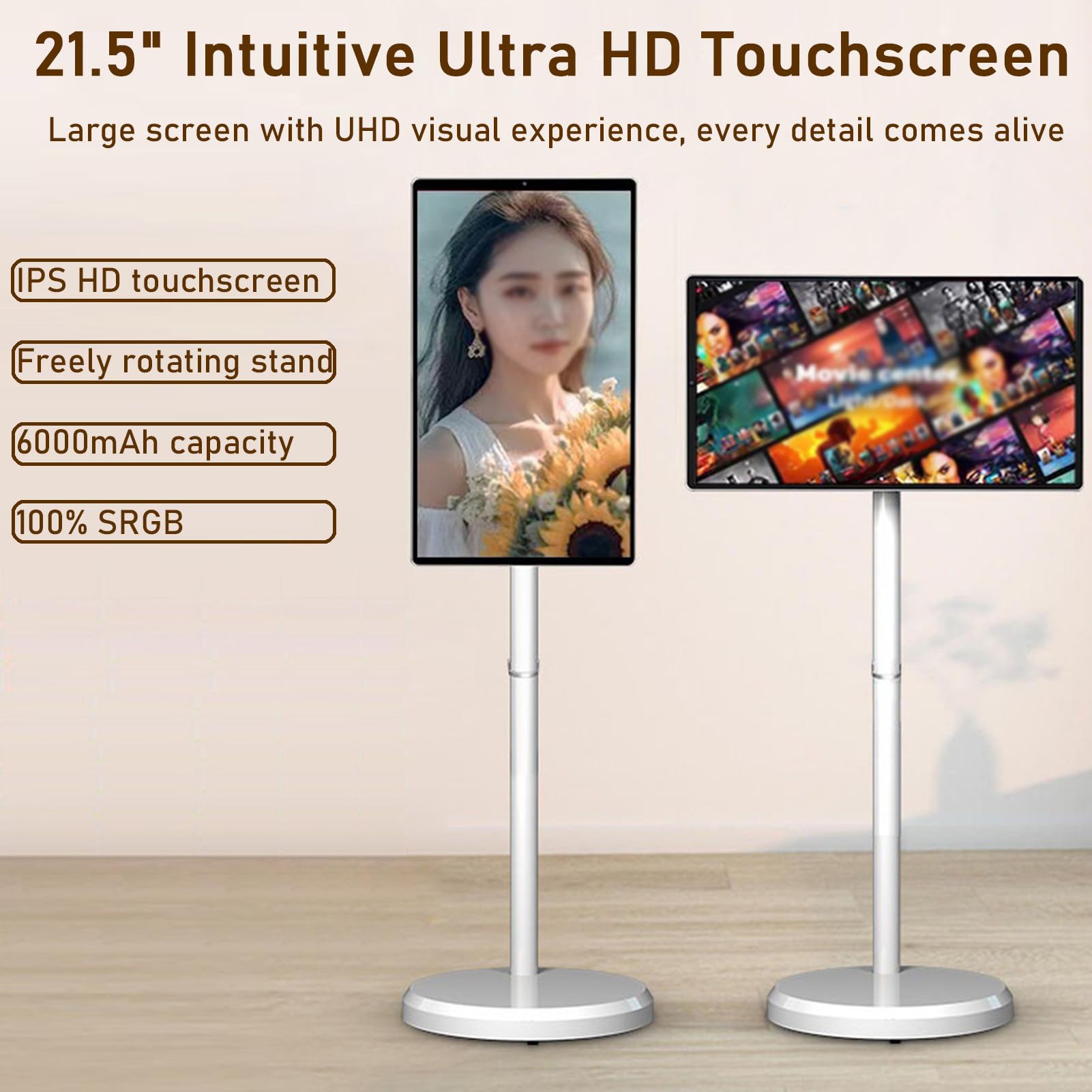 Monitor portatile touchscreen, 21,5 pollici Rolling TV con batteria da 6000 mAh, design mobile intelligente wireless, supporto su ruote, spazio di archiviazione da 128 GB
