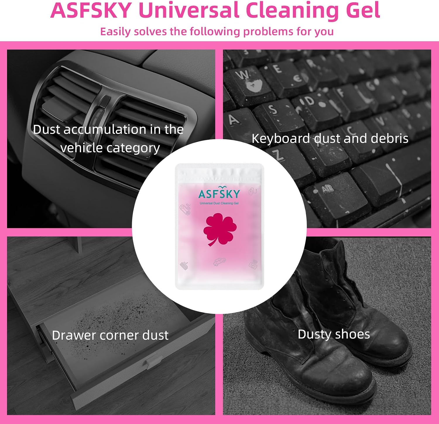ASFSKY Reusable Cleaning Gel for Car Interior, Keyboard & Home – 5 Pack (90g Each), Sticky Dust & Crumb Remover, No Water Needed, Long-Lasting Dry Cleaner (Rose Red)