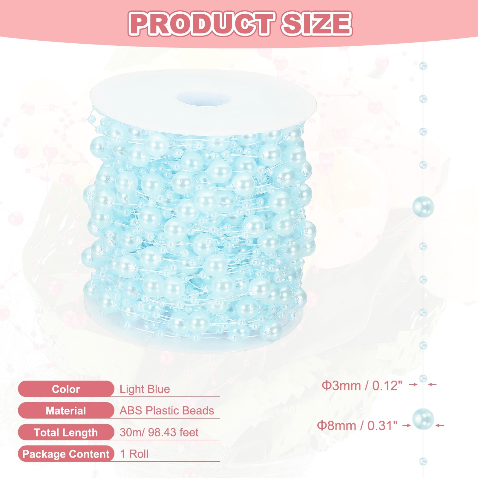 QUARKZMAN 98 Piedi Filo Di Perle Artificiali, Perle Finto Filo Da Pesca Catena Riempitore Vasi Per Candele Galleggianti Centrotavola Matrimonio Decorarezione Festa, Azzurro Chiaro