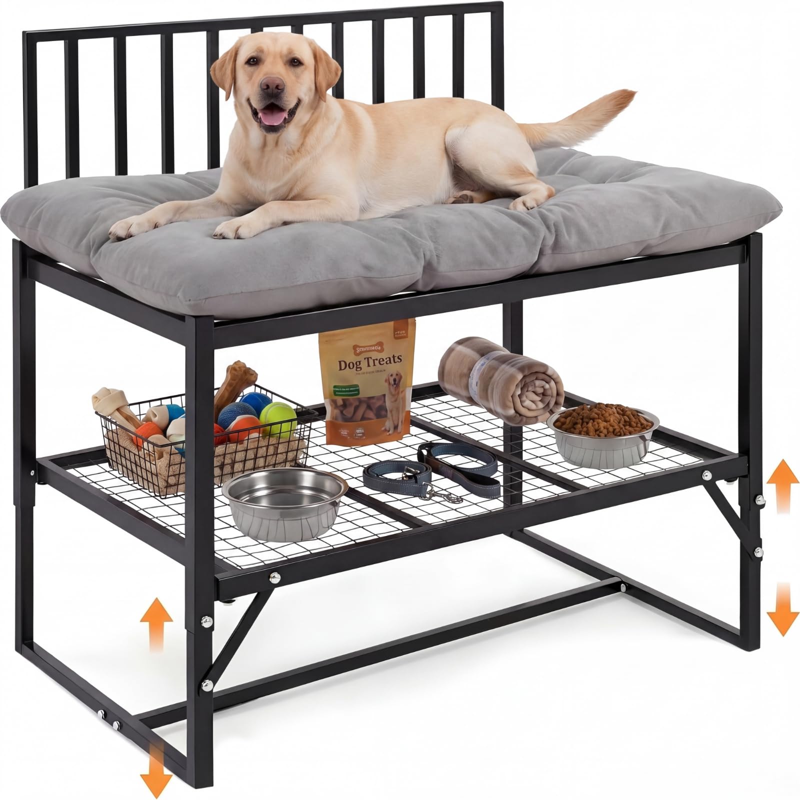 Photo 1 of Leinuosen Adjustable Bedside Dog Bed for Large Dogs, 44"x39" Metal Co Sleeper Frame with Storage Shelf, Washable Cushion, 300 lb Capacity, Black