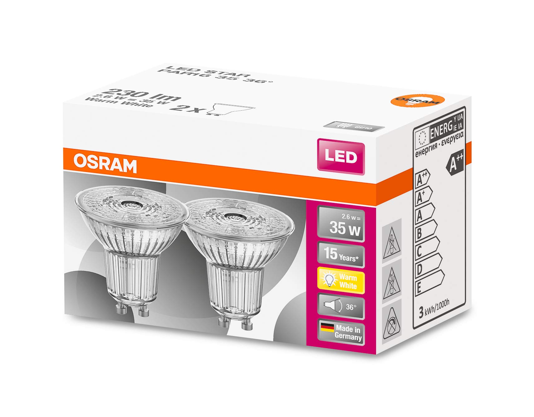 OSRAM LED Star PAR16, Sockel: GU10, Nicht Dimmbar, Warmweiß, Ersetzt eine herkömmliche 35 Watt Lampe, 36 Grad Abstrahlwinkel, 10er-Pack