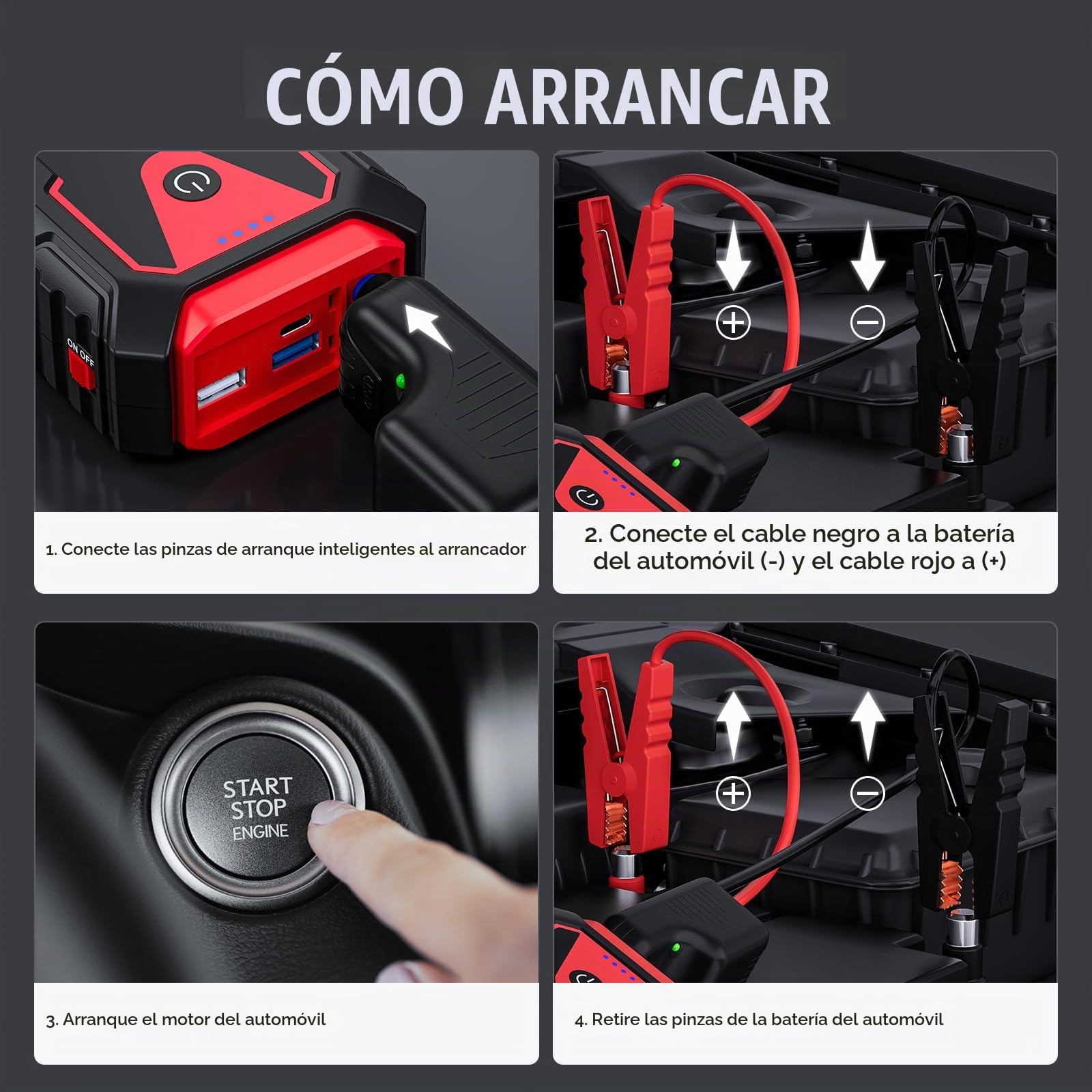 Povasee Arrancador de Baterias de Coche, 5000A Arrancador de Coches para Vehículo 12V (hasta 10L Gas/8L Diésel), Booster Arrancador con LED y 2 Salidas USB, Arrancador Bateria con Cables de Salto