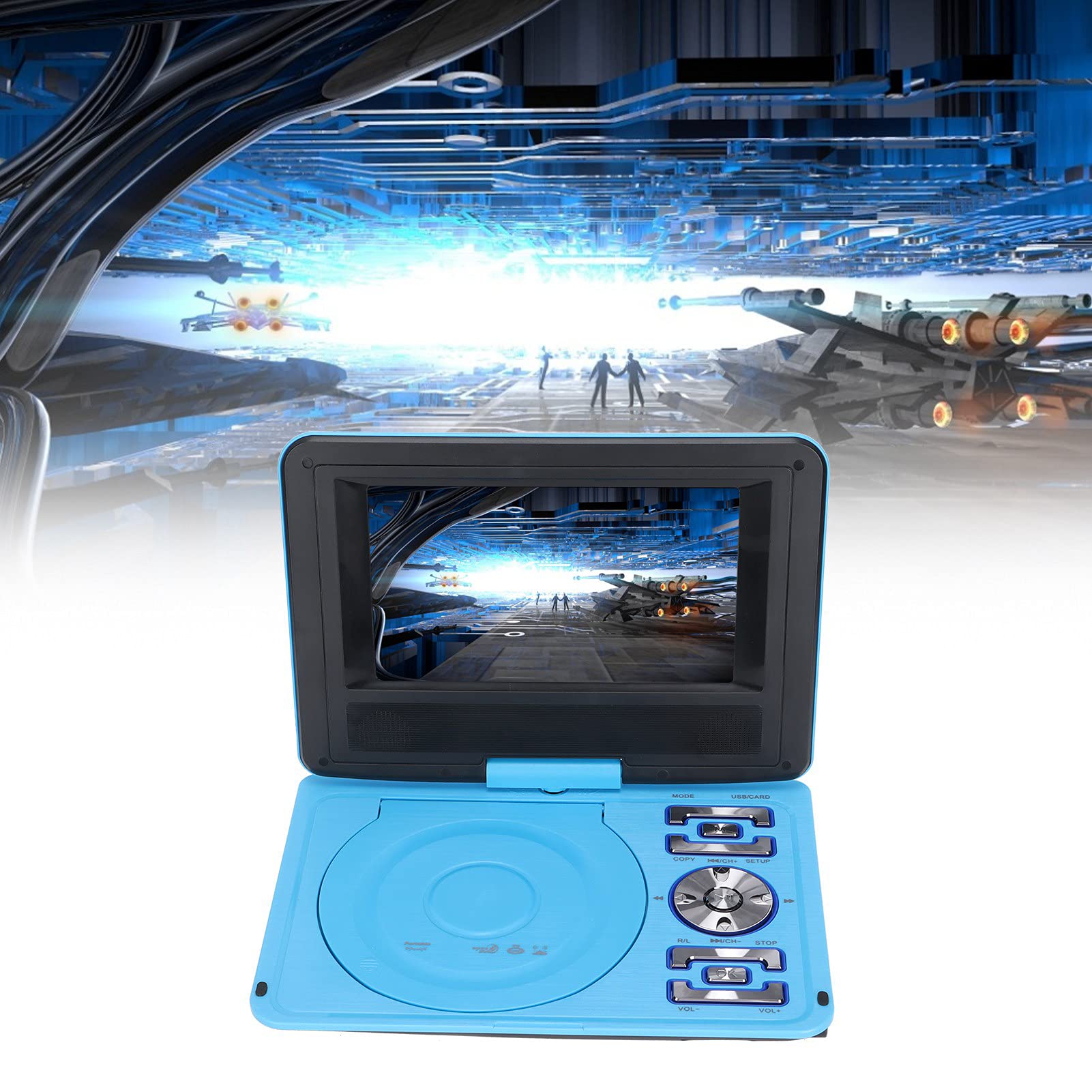 Tragbarer DVD-Player, 6,8 Zoll HD / 270 ° Rotation Kinder Mobiler DVD-TV-Player/UKW-Radioempfänger/Kartenleser/Gameplay, Eingebauter 1500-mAh-Akku, für Heimauto Im Freien(EU-blau)