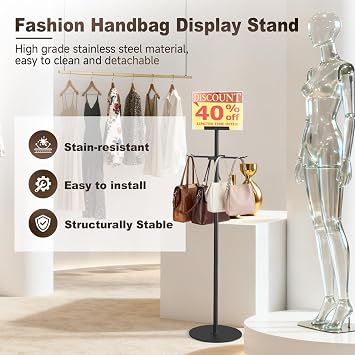 Aulin Metal Shopping Bag Rack with Sign Frame- Heavy Duty Retail Shopping Bag Holder for Store Malls,Vendor,Boutique,Trade Show Display Rack Stand, Detachable & Space-Saving