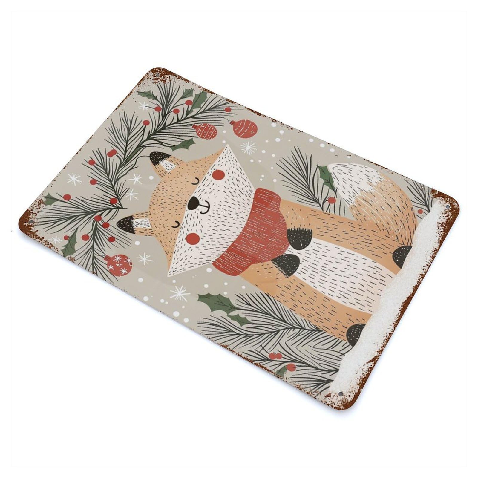 Christmas Fox Illustration 11.8"x7.9" Aged Metal Wall Plaque, Retro Wall Decor for Farmhouse, Kitchen And Entryway Decor