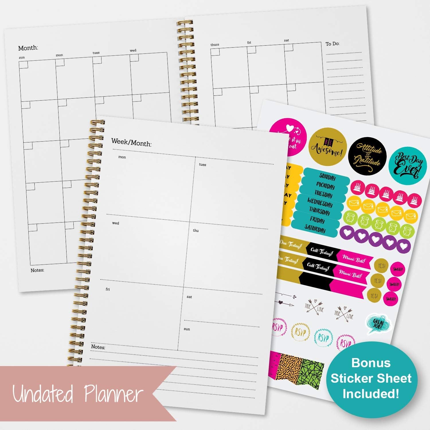Classic Floral Personalized Monthly and Weekly HARDCOVER Planner and Organizer, 1 full year, January-December DATED or UNDATED OPTION, 5.5" x 8.5", lay flat wire-o spiral binding