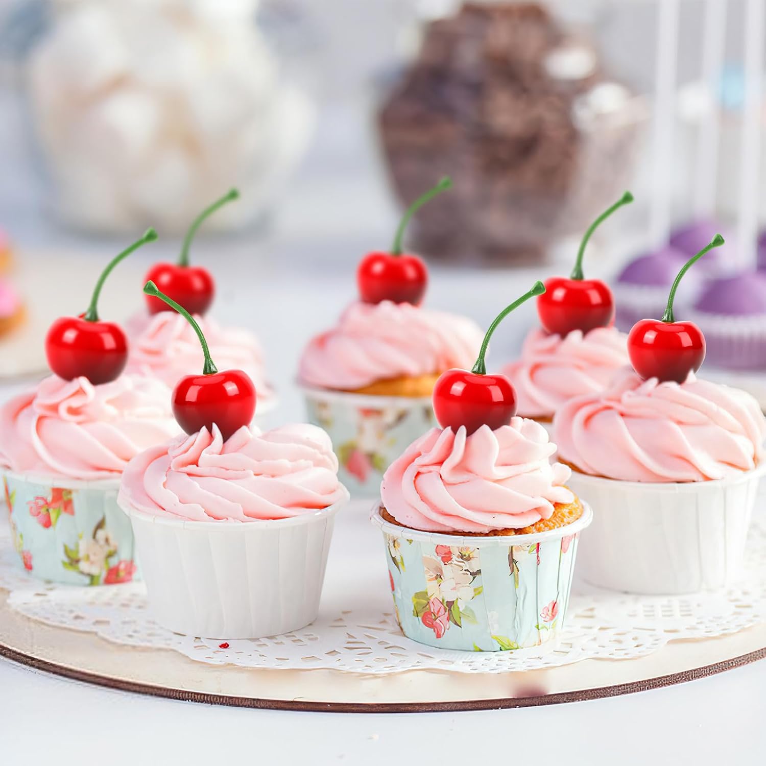 JUNEBRUSHS 120 Pcs Foam Cherries, Artificial Mini Cherry Red Fake Fruit Model Cherries Tiny Foam Cherry Ornaments for Home Kitchen Table Decorations