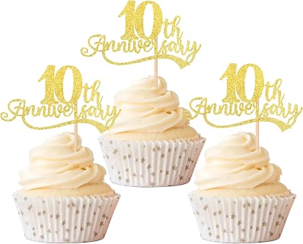 Rsstarxi 24 Pack Gold Cheers to 10 Years Cupcake Toppers for Happy 10th Anniversary Birthday Party Decorations