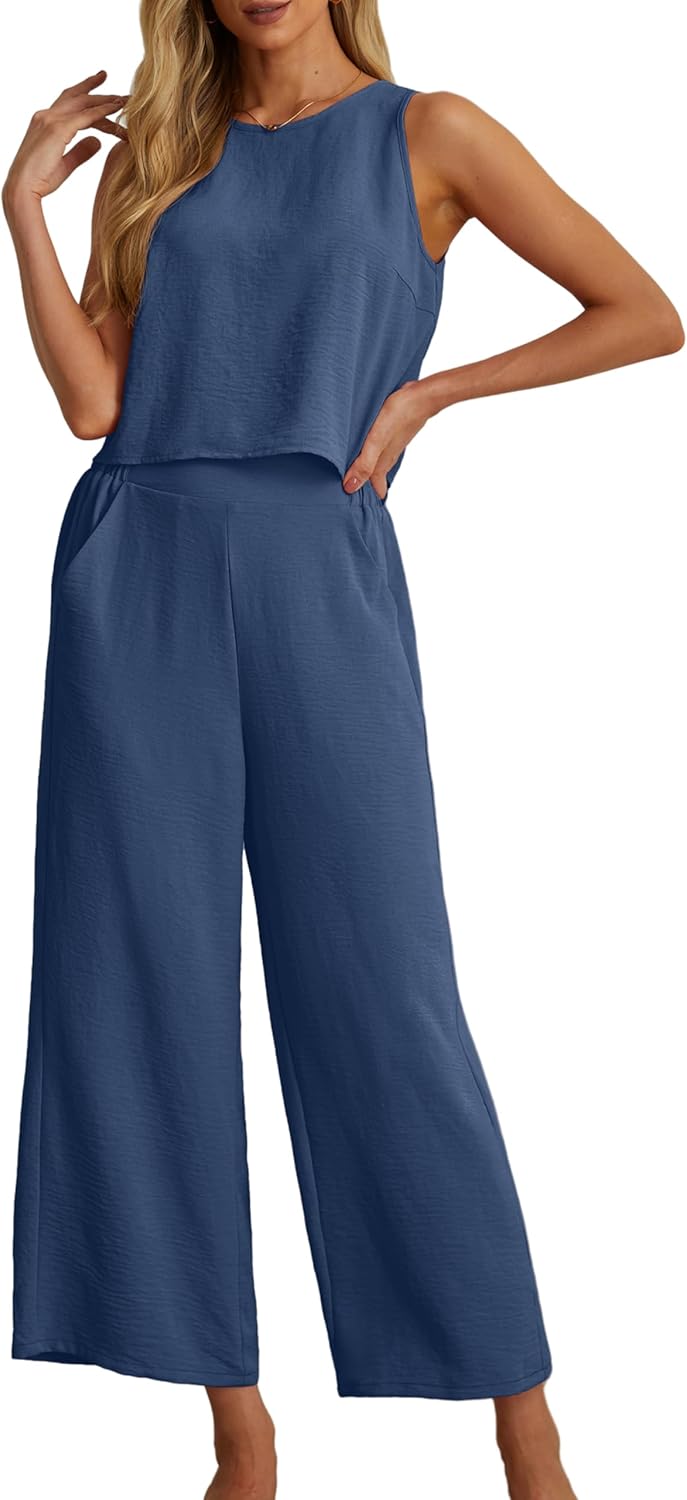 IWOLLENCE Women's Summer 2 Piece Outfits Set Round neck Sleeveless Tank Crop Top Wide Leg pants Set Pockets Jumpsuits