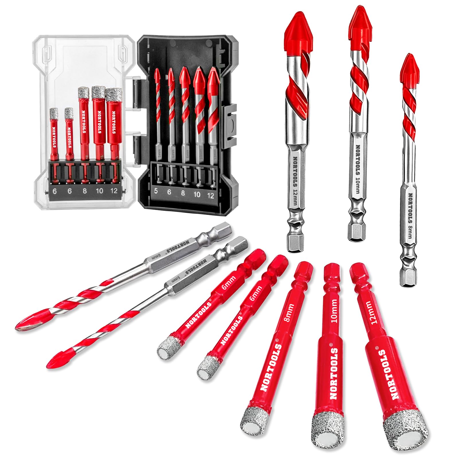 NORTOOLS Diamond Drill Bits Set 10PCS, Tile Drill Bits 3/16”1/4”5/16” 3/8”1/2” With Hex Shank for Porcelain,Tile,Ceramic,Glass,Granite,Concrete,Masonry,Built-in Cooling Wax