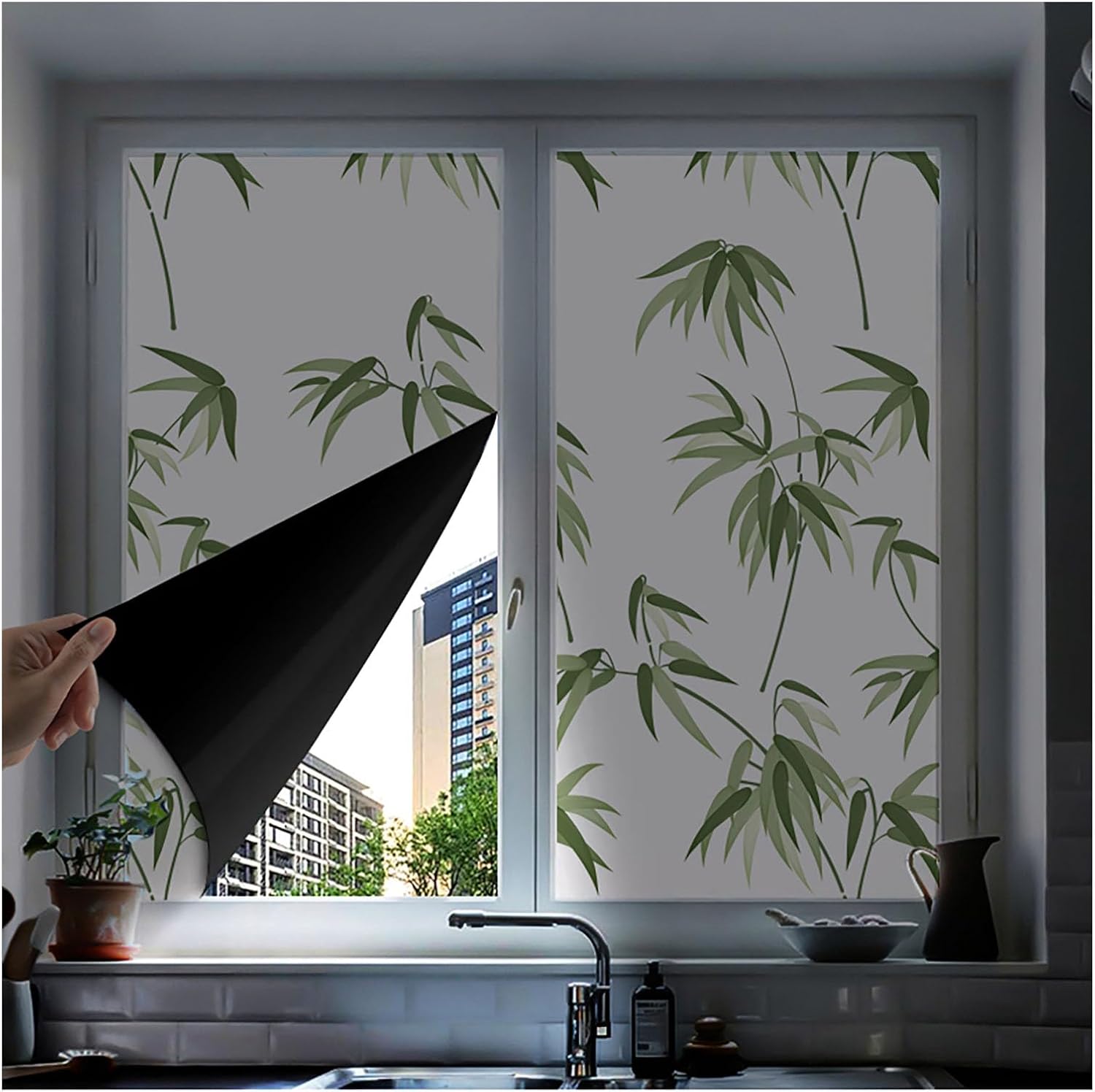 Window Privacy Film,Opaque Window Film,Blackout Window Film,Non Adhesive Opaque Door Sticker for Home Office,UV Protection(Size:80cm*500cm,Color:Leaf)
