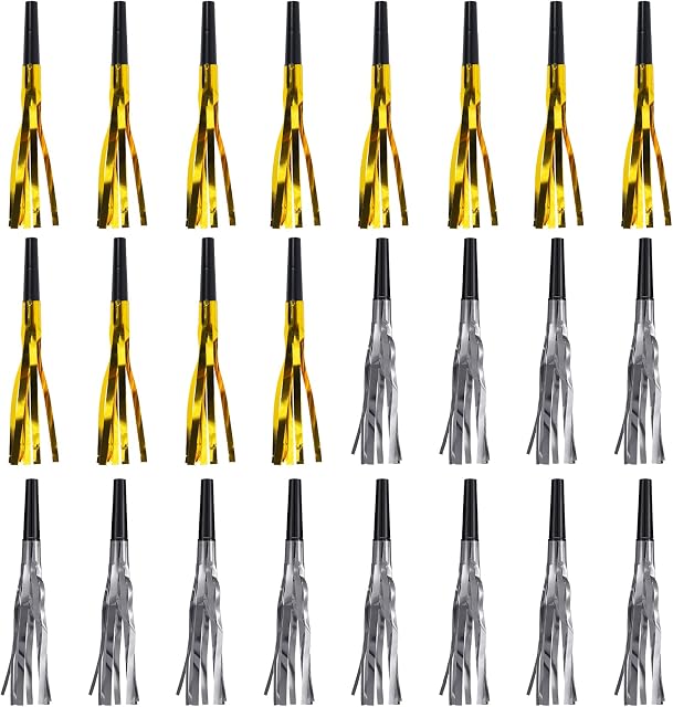 Runmeihe 24pcs Golden and Silvery Fringed Party Blower for Kid Adults, Glitter Metallic Noise Marker, New Years Party Favor for Birthday Baby Shower Party Supplies 2023, Whistle for Boy Girls