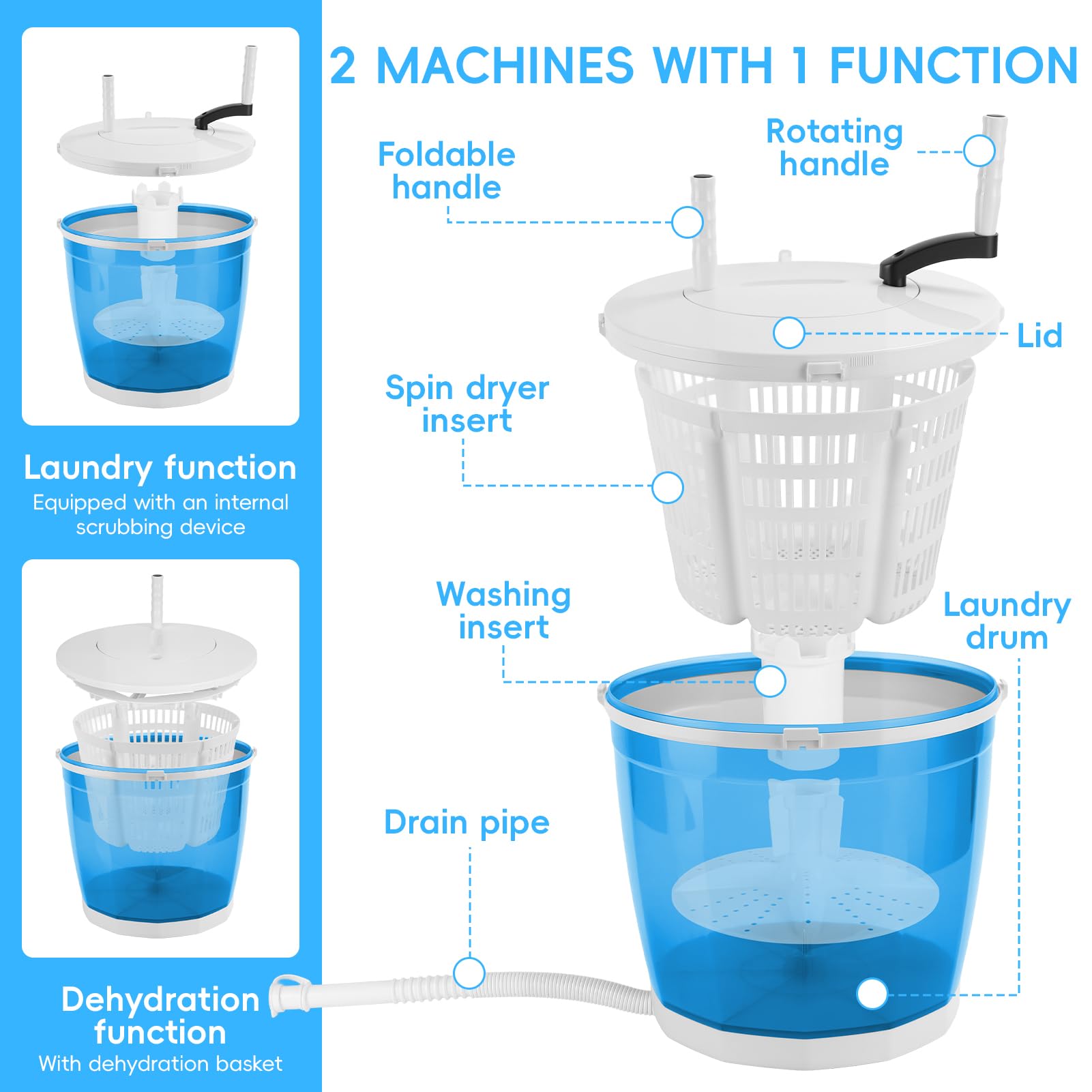 Manuelle Waschmaschine ohne Strom, 2-in-1 Handkurbel-Waschmaschine mit Schleuderfunktion, 2 kg Mini-Camping-Waschmaschine mit Saugfüßen, tragbar für Wohnmobil, Reisen und kleine Wäschemengen