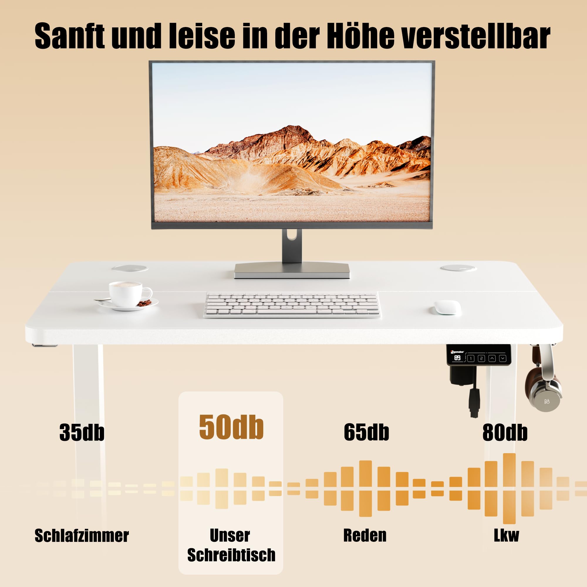 ERGOMAKER Höhenverstellbarer Schreibtisch Elektrisch 80x60cm Ergonomischer Schreibtische, Lern- und Gaming-Tisch mit Memory-Funktion Standing Desk mit Spleißplatte (Weiße)