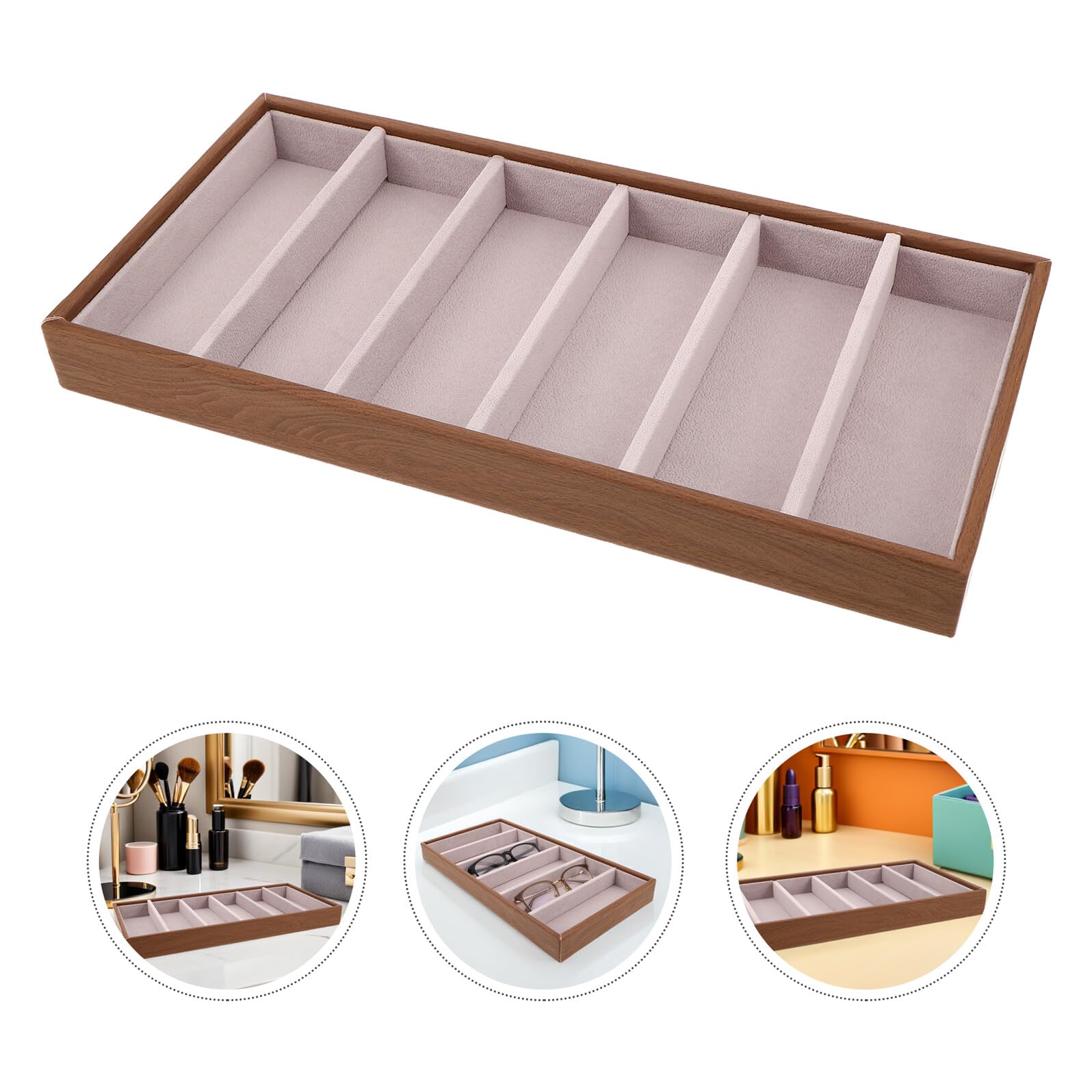 Housoutil Bandeja Organizadora de Gafas de Sol de Madera Compartimentos para Joyas, Estuche Rígido para Almacenamiento en Mesita de Noche, Exhibidor Multifuncional para Gafas y Accesorios
