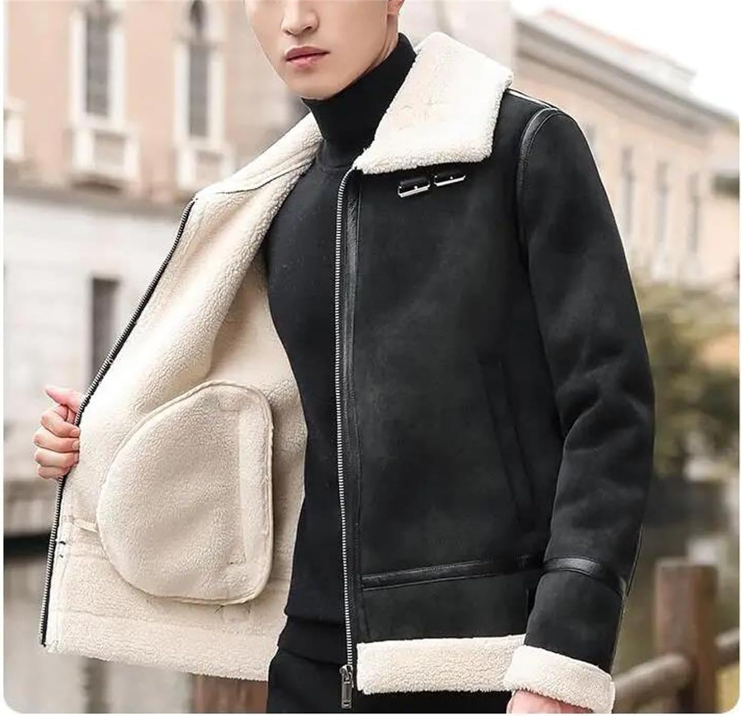 Men's Slim PU Leather Coat With Soft Fleece Liner Faux Fur Collar Winter Style Jacket Casual Daily Outerwear