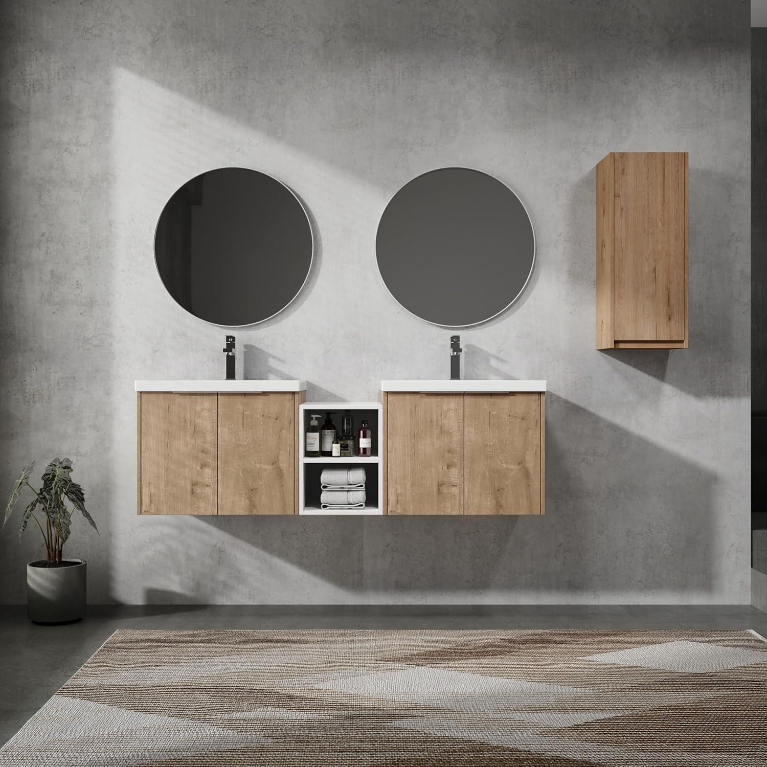 60" Double Sink Bathroom Vanity Modern Wall-Mounted Bathroom Vanity with Sink 60-Inch Floating Bathroom Vanities Set with 1 White Open Storage Shelf & 1 Side Cabinet, Natural Oak