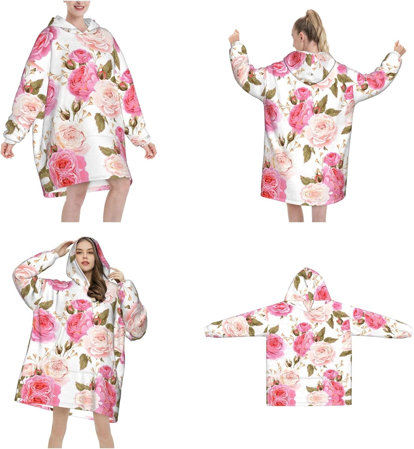 MUSM Rose Flower Print Blanket Hoodie Fleece Sweatshirt Blanket With Sleeves And Pockets