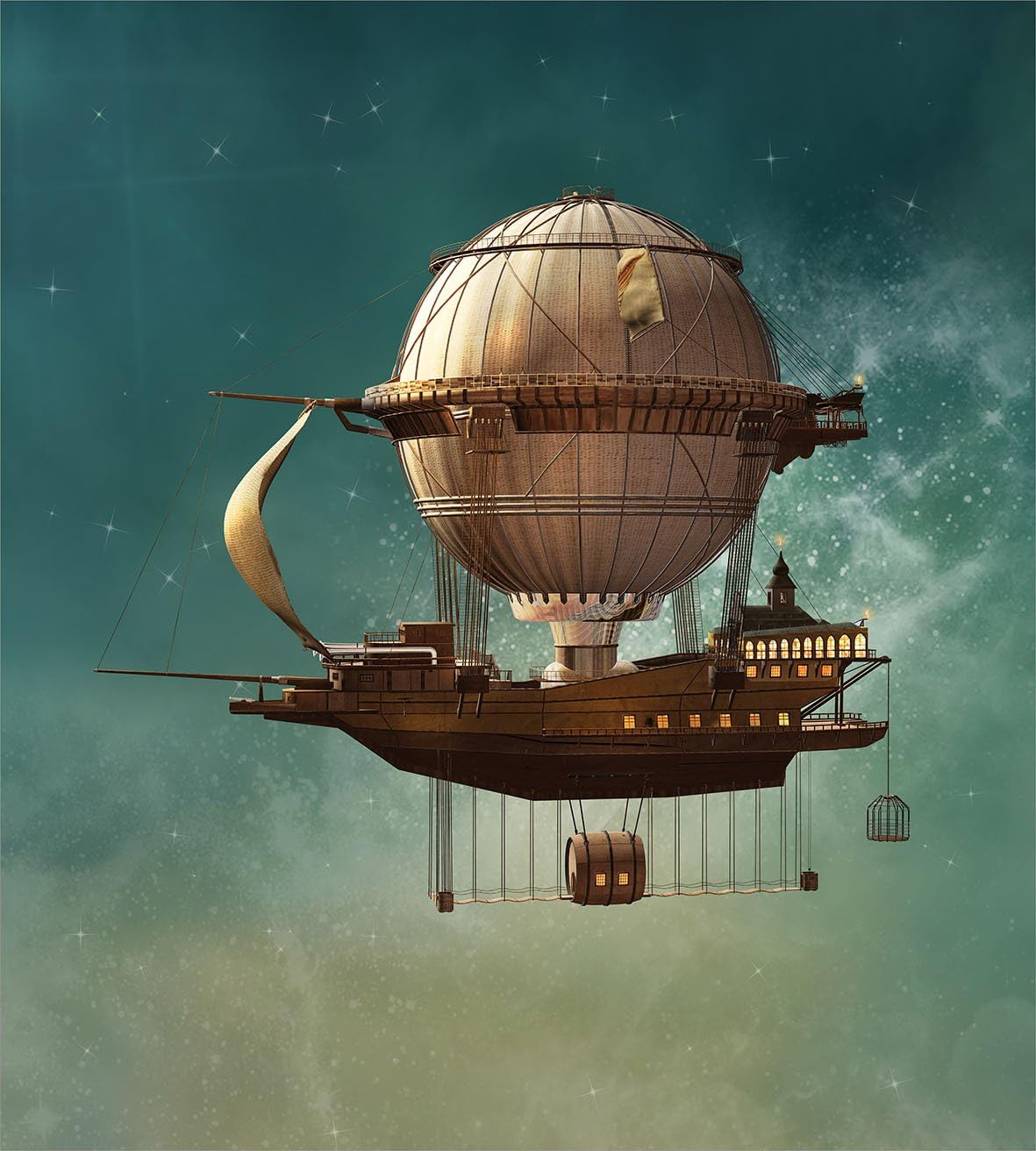Ambesonne Fantasy Duvet Cover Set, Surreal Sky Scenery Steampunk Airship Sci Fi Stardust Space Image, Decorative 2 Piece Bedding Set with 1 Pillow Sham, Twin Size, Teal and Brown