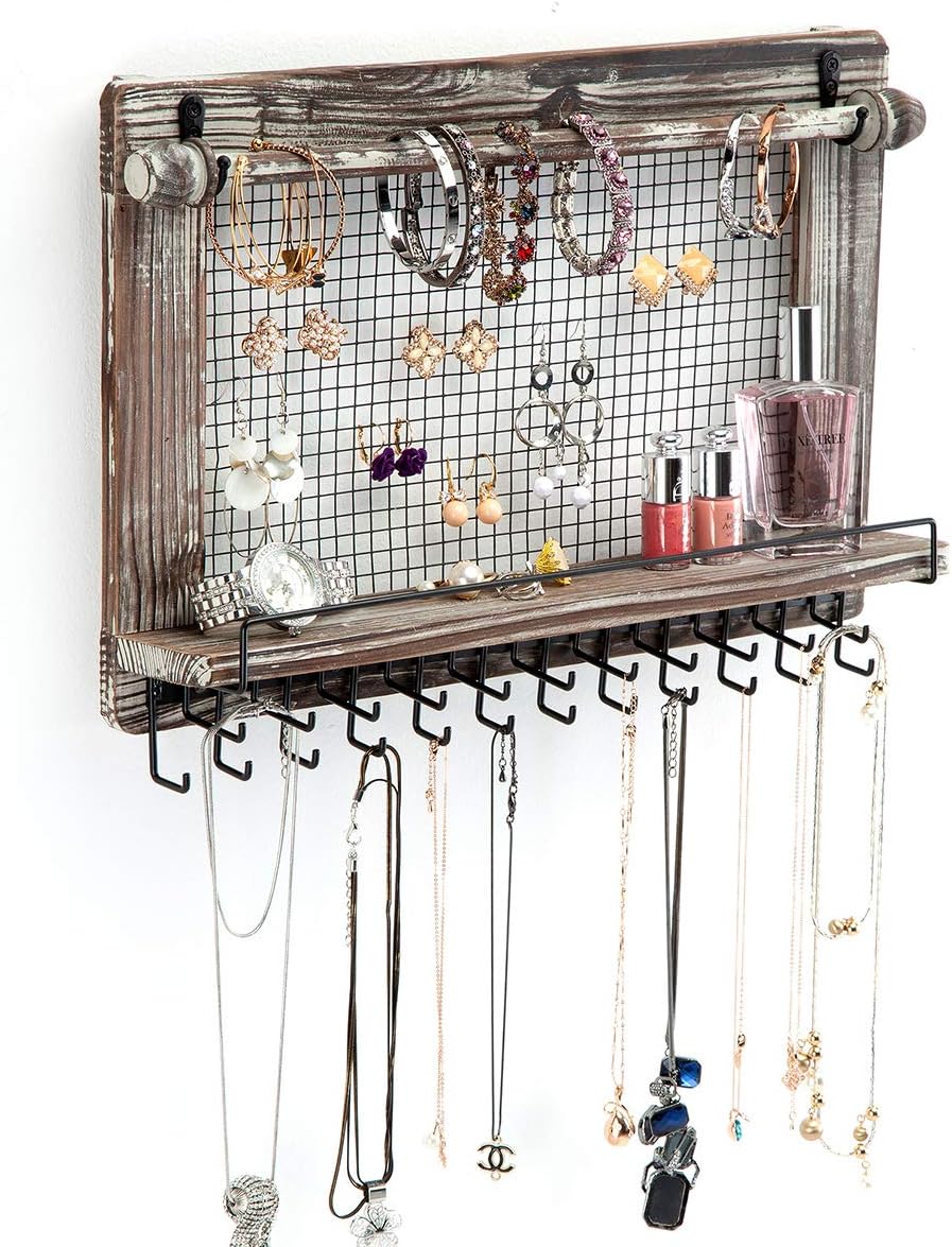 J JACKCUBE DESIGN Rustic Jewelry Organizer for Wall Mesh Earring Holder Bangle Bracelet Necklace Display Board with Hooks Wooden Mount Hanging Shelf - MK527A