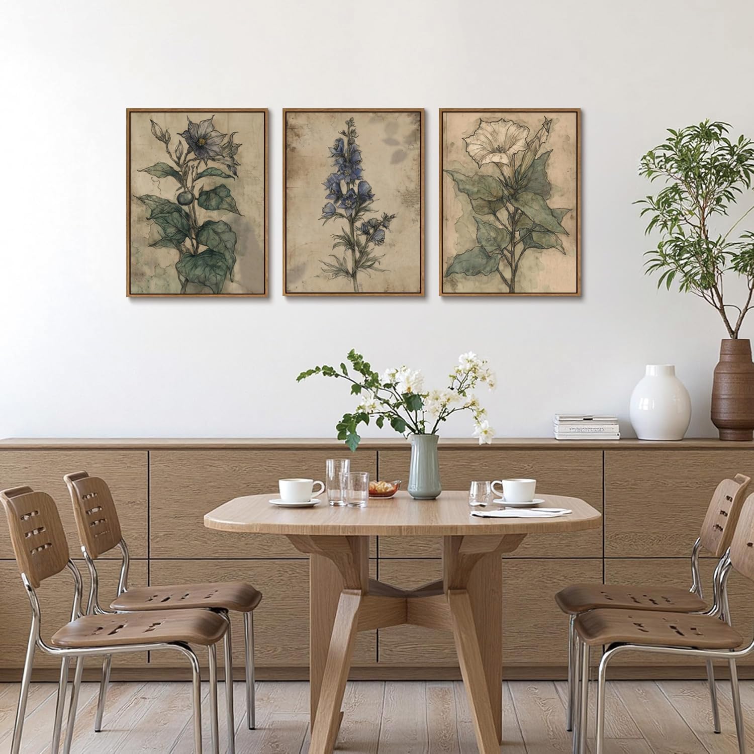 SongZest 3 Piece Vintage Botanical Framed Wall Art Dark Floral Canvas Art Prints Rustic Farmhouse Pictures Wall Decor Gothic Cottagecore Paintings Artwork for Living Room Bedroom Bathroom 12x16in