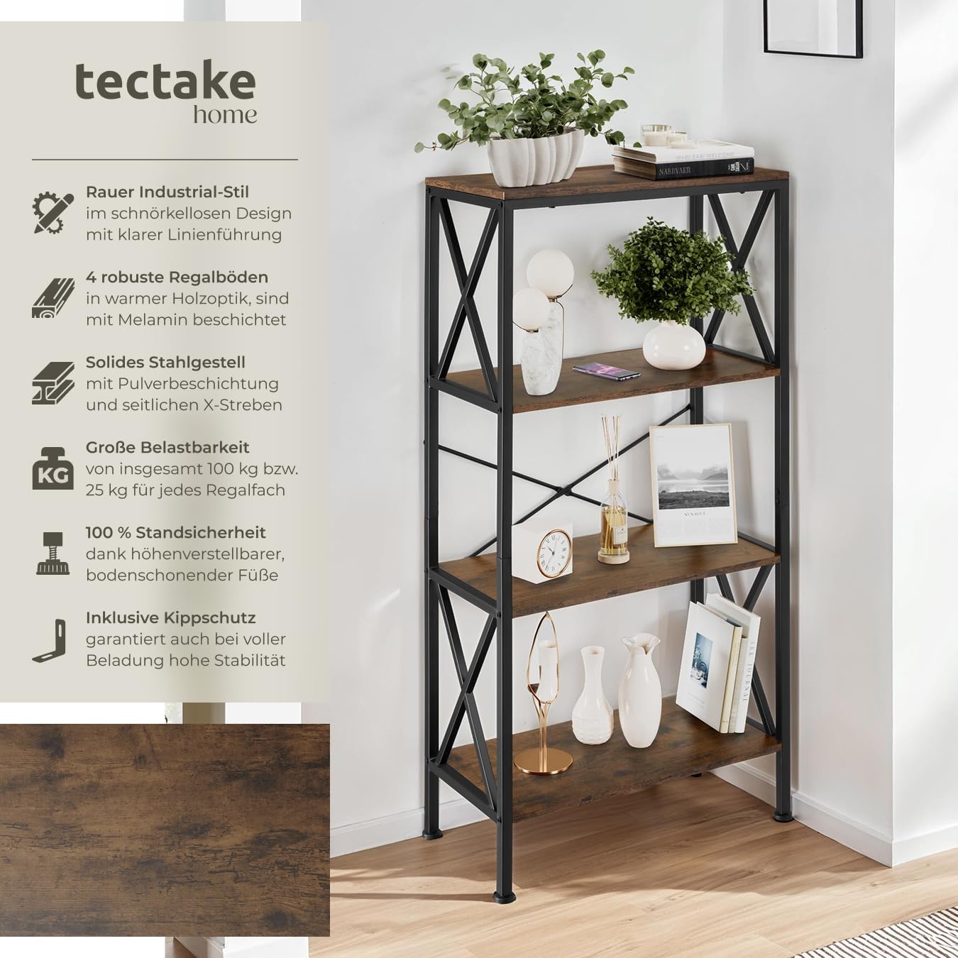 tectake® Industrial Regal mit 4 Ebenen, 61,5 x 31,5 x 133,5 cm, Standregal, Bücherregal, für Deko Wohnzimmer, Möbel für Arbeitszimmer, als Wohnzimmerschrank - Industrial Dunkelbraun