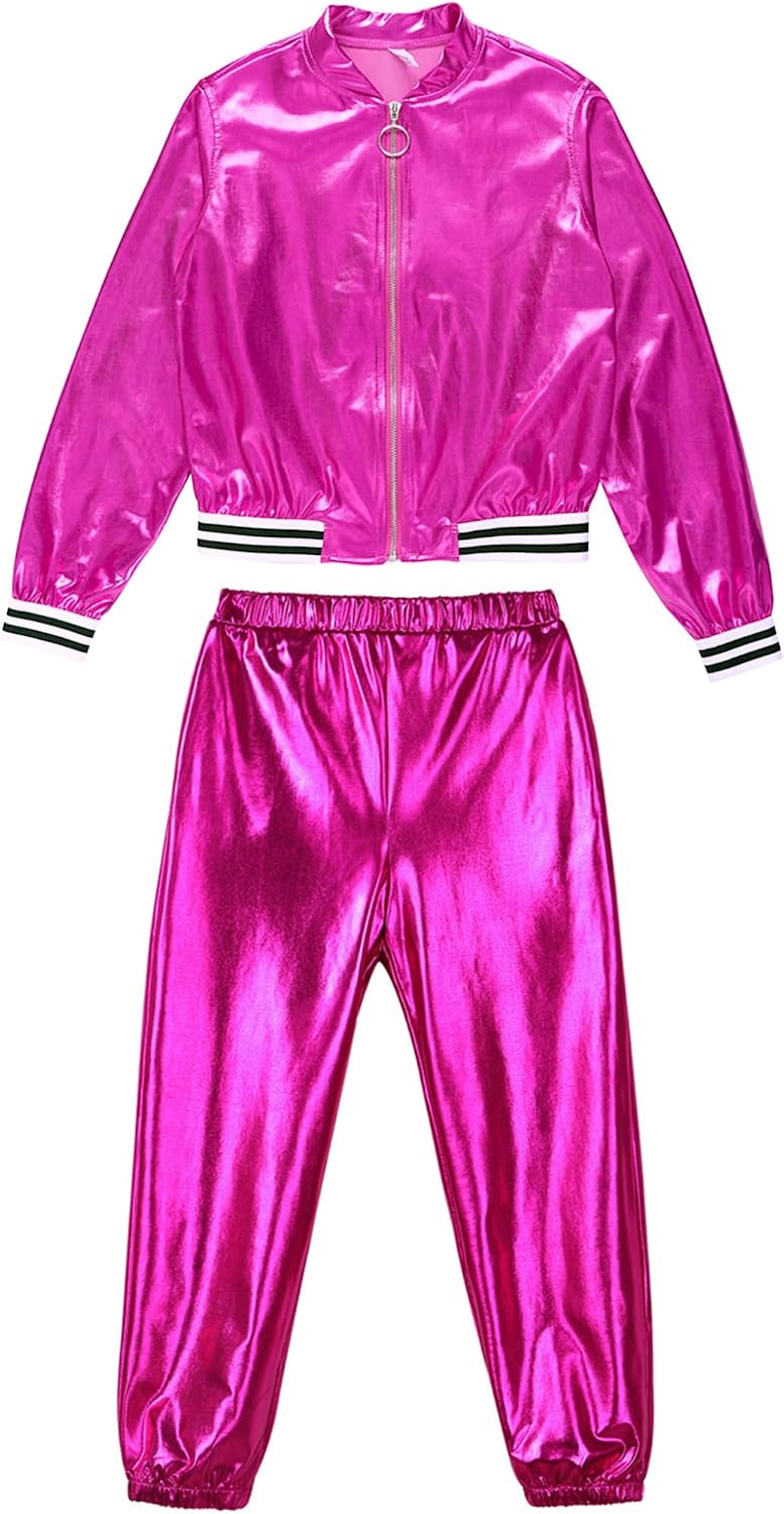 Kids Perfo Sparkle Dance Outfit Baseball Jacket and Harem Pants Set for Halloween Hip Hop Rose 8 Years