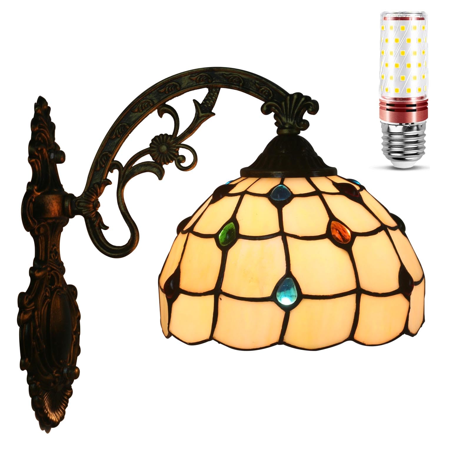Uziqueif Tiffany Style Wall Sconce Light 8 Inches, Vintage Stained Glass Sconces Wall Lighting Tiffany Wall Mount Lamp for Bedroom Hallway Stairway Living Room Kitchen, Baroque C