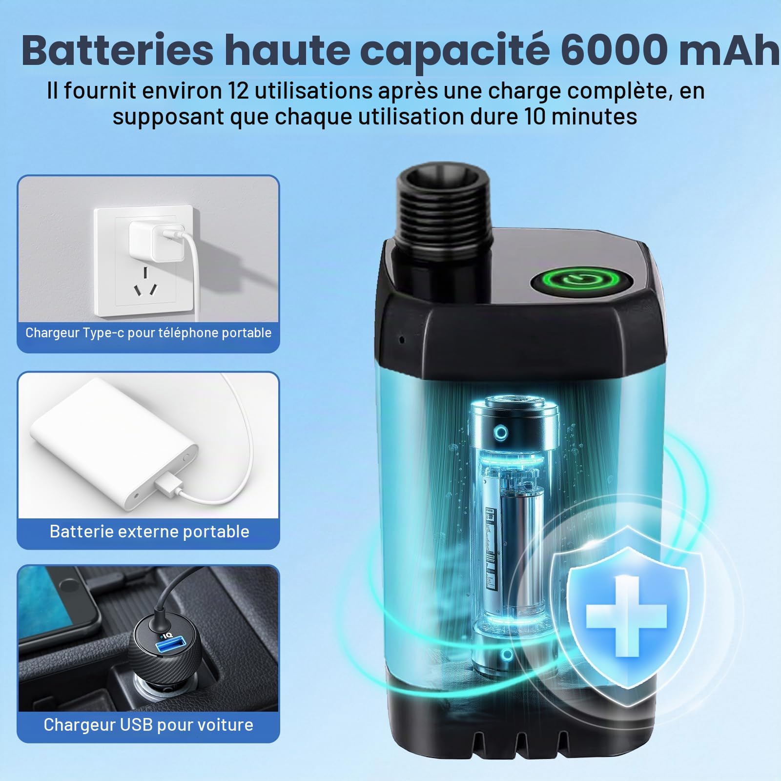 Douche Portable de Camping avec Chauffe-eau, Douche de Camping Rechargeable 6000mAh avec Chauffe-eau 2000W à Arrêt Automatique, Écran LED, Douche Extérieure Chauffante pour Voyage, Randonnée