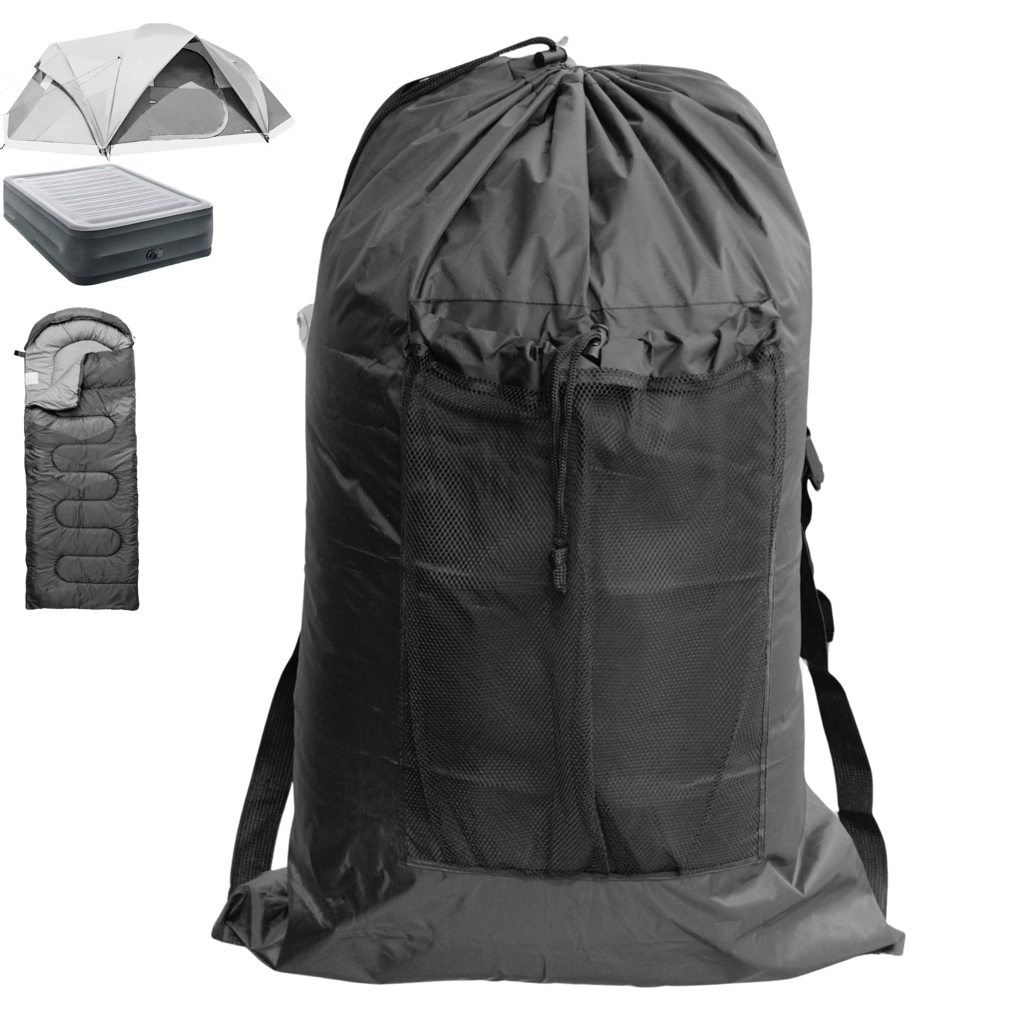 Bolsa de lavandería de 24 x 36 pulgadas (negro, mediano), 100% poliéster con cierre de cordón, bolsillo frontal de malla y bolsa de almacenamiento