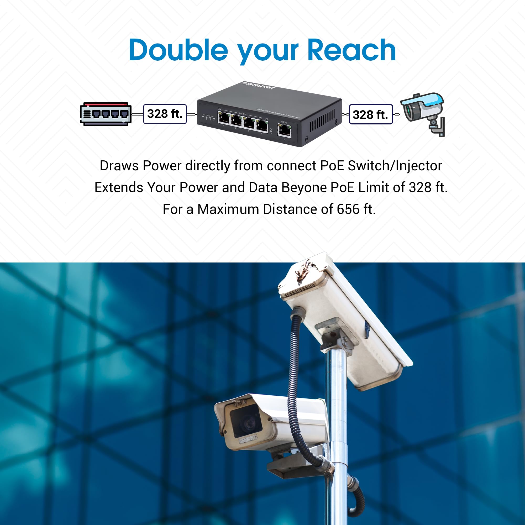 Intellinet Extensor Gigabit PoE++ de 4 Puertos – Presupuesto PoE de Salida de 90 W, extiende PoE hasta Otros 328 pies, silencioso sin Ventilador, Carcasa de Metal – 3 años de garantía Mfg – 561617