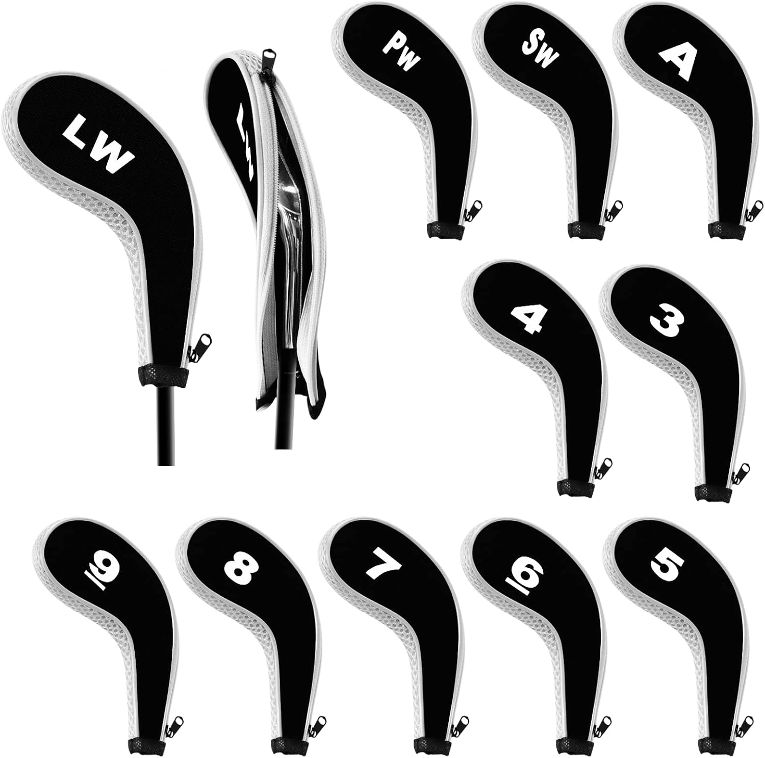 ToVii Golf Club Covers Neoprene Zippered Golf Head Covers with Number Print Iron Cover for Club Long Neck Protective Golf Club Head Covers for Irons - Pack of 12PCS (White) : Everything Else