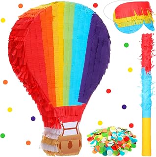 Wettarn 16" x 11" Inches Piñata for Birthday Party Rainbow Hot Air Balloon Colorful Piñata with Stick, Paper Blindfold and Confetti for Kids Girls Boys Birthday Baby Shower Party Supplies