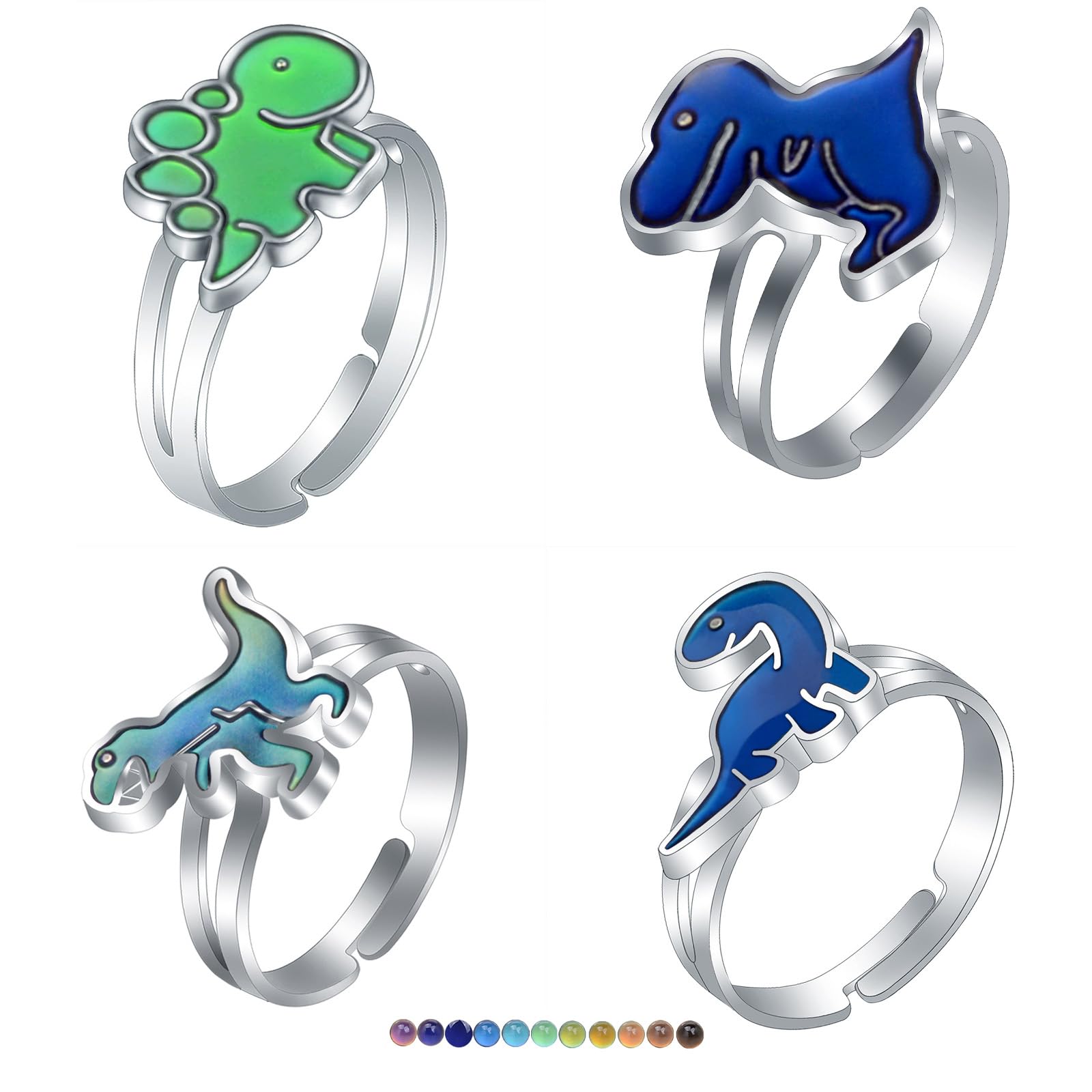 Bagues dinosaures d'humeur, bagues à changement de couleur réglables, jeu de 4