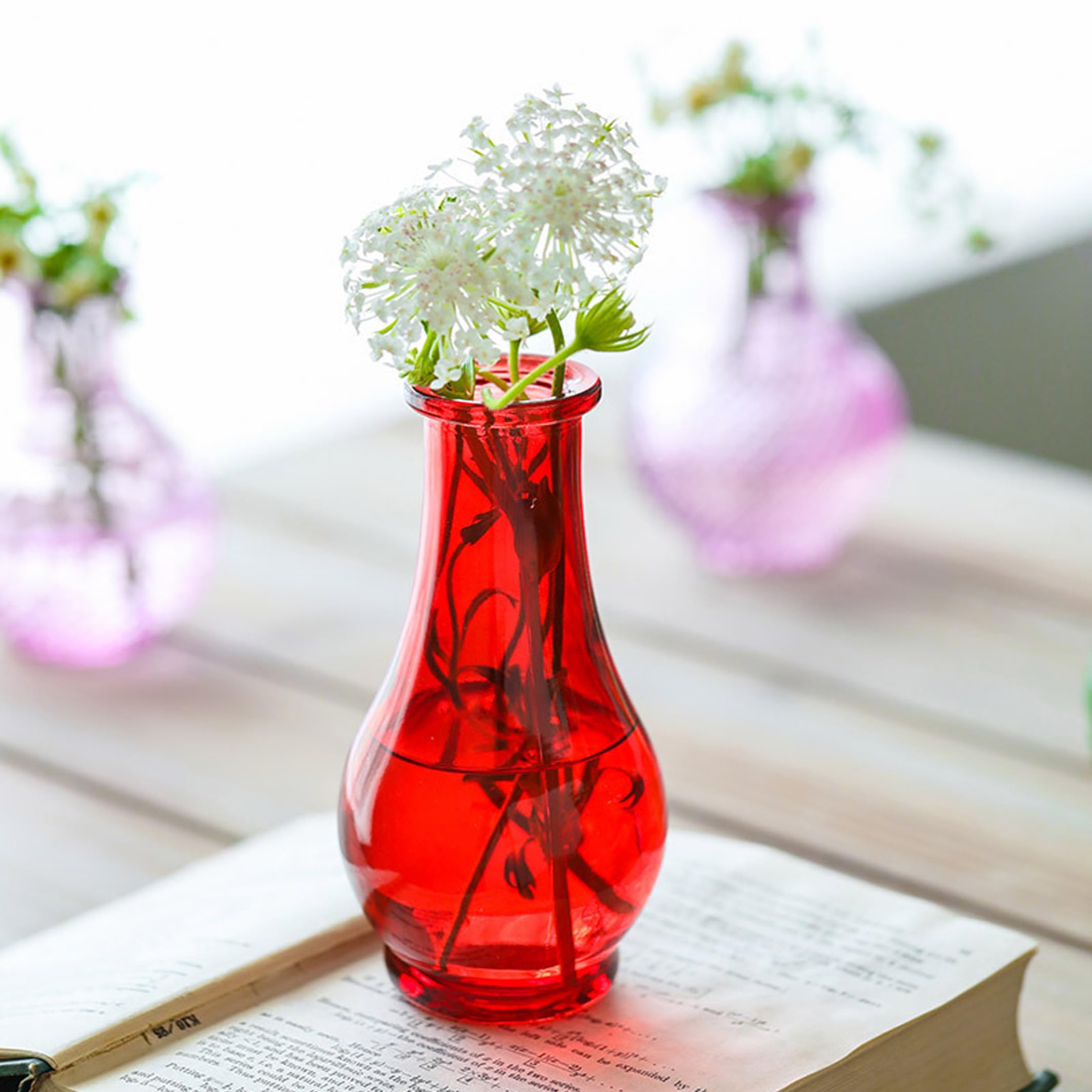 Bemonew Rote Vase, kleine Blumenvase mit Hals, dekorative Glasvasen für Blumen, Zuhause, Wohnzimmer, Hydrokultur und Blumenarrangements, 5,5 x 14,5 cm