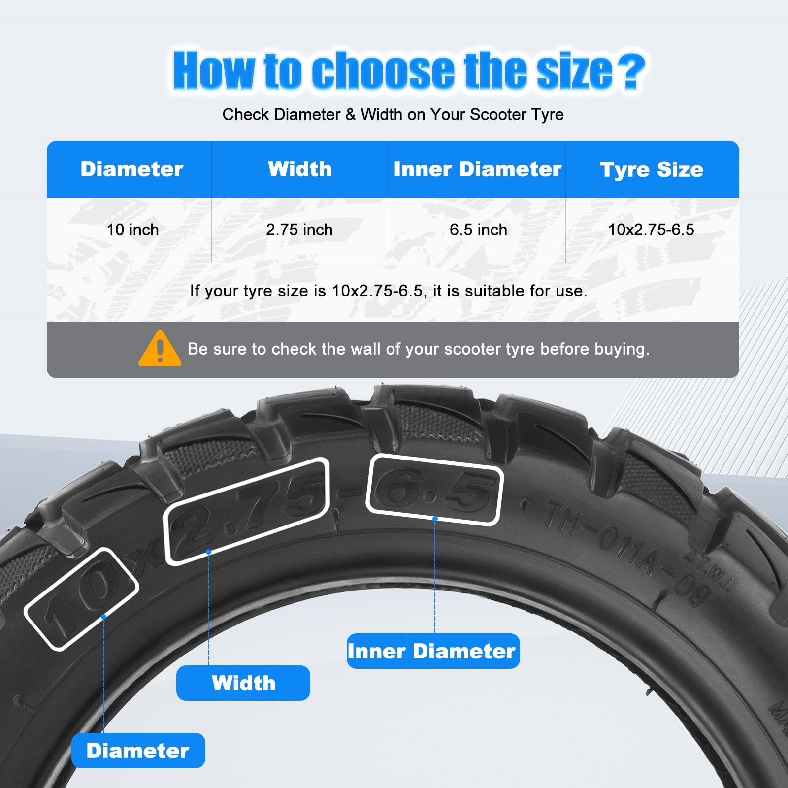 Amitor Tubeless banden, 10 x 2,75-6,5 cm, zelfherstellende off-road vacuümbanden met ventiel, 10 inch reservebanden voor e-scooter, slijtvast en duurzaam, antislip en perforatiebestendig, 1 stuk